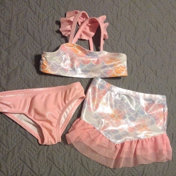 Pink and Multicolor Kids Mermaid Bikini 3 Pc Set. - Picture 1 of 7